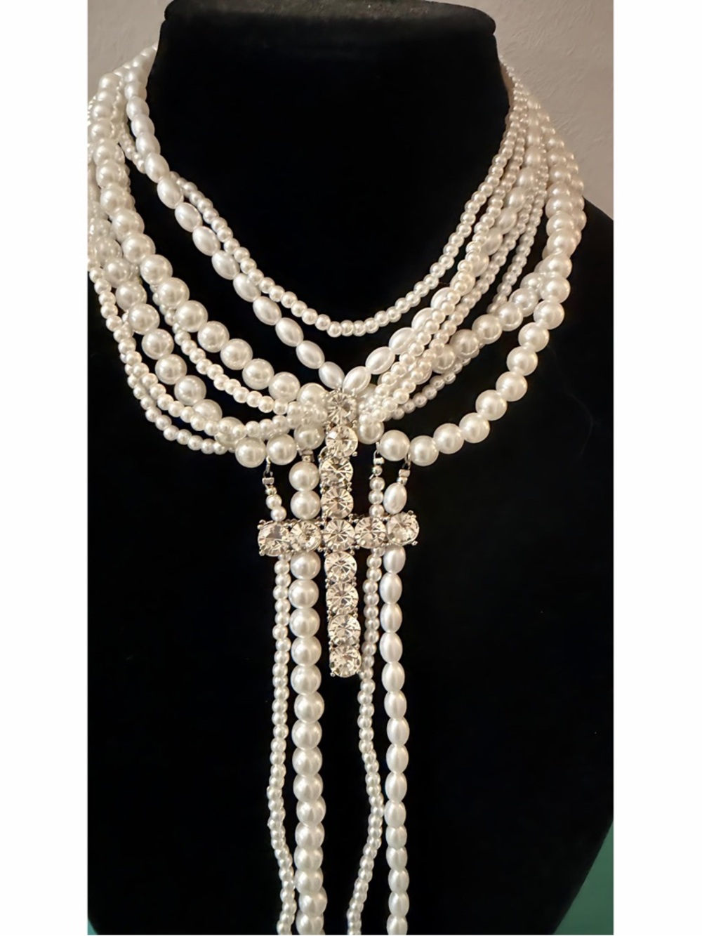 Statement Necklace Multi Faux Pearl Strand w/Large Rhinestone Cross -Adjustable - Picture 5 of 6
